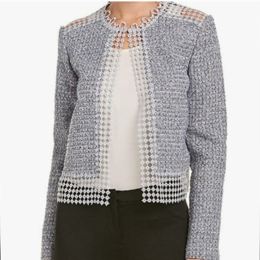 Tahari Blue Tweed Blazer with Lace Trim